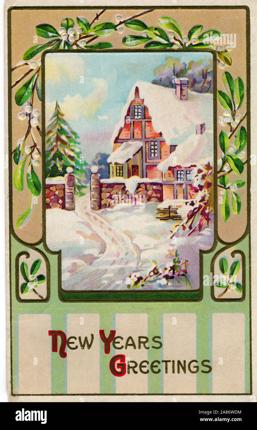 Un vecchio stile nuovo anno di post card illustrazione da c. 1911 mostra una coperta di neve home " Nuovi anni saluti.". Foto Stock