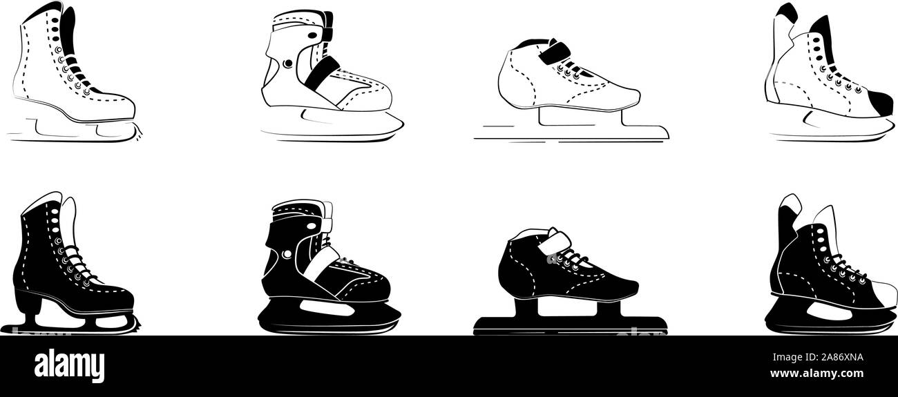 Pattini da ghiaccio glifo icone - la figura, fitness, Racing, hockey. Tipo di pattino da ghiaccio scarponi. Sport invernali il logo di apparecchiature in sagoma nera stile. Illustrazione di vettore isolato su sfondo bianco. Illustrazione Vettoriale