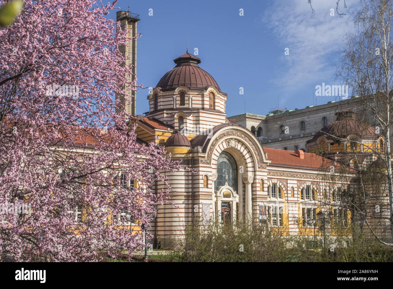 SOFIA, BULGARIA - 4 APRILE 2018: l'esterno della storia regionale Museo di Sofia‎ durante il giorno in primavera. I fiori possono essere visti in foregr Foto Stock