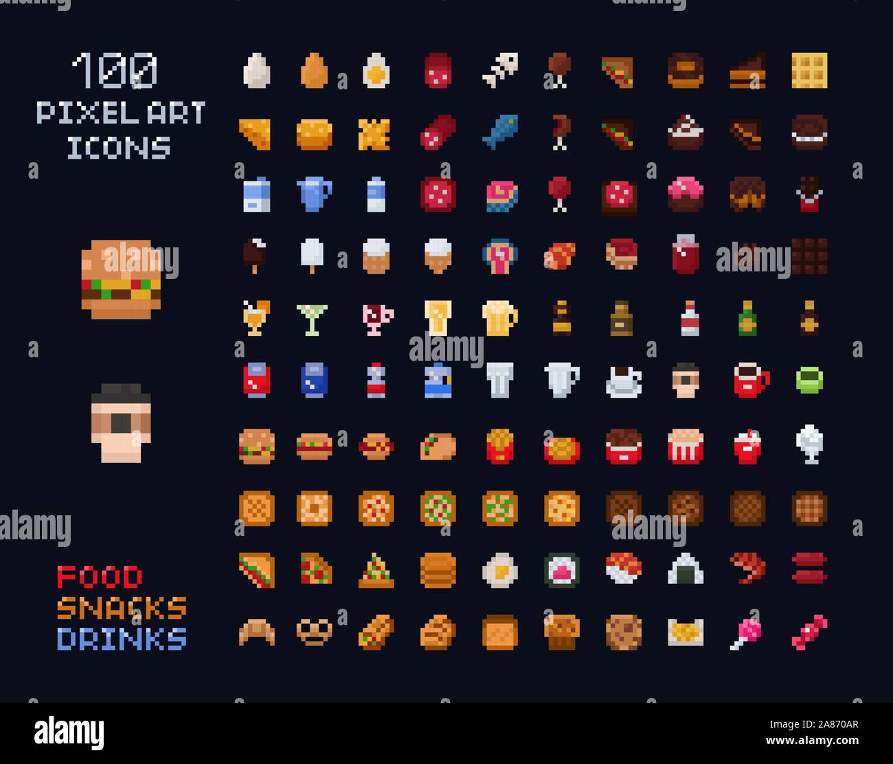 Pixel Art vector gioco icona design video Interfaccia di gioco impostato. Articoli alimentari - un fast food, bevande, dolci, snack, alcool, panificio. Isolato retrò gioco arcade Illustrazione Vettoriale