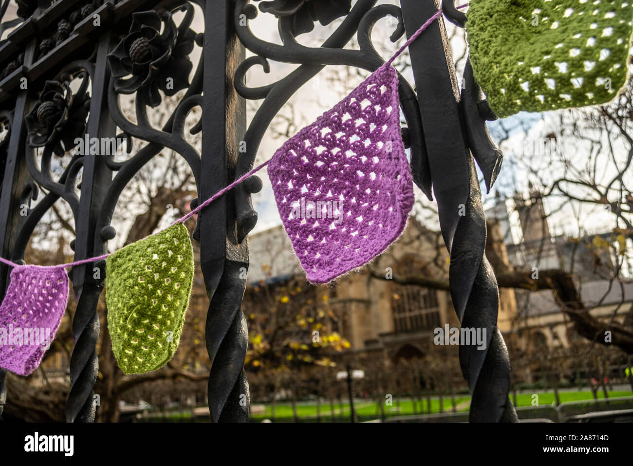 Donne contro la disuguaglianza pensionistica statale, WASPI, che si battono per ottenere un indennizzo per le persone colpite dal cambiamento dell’età pensionabile statale. Recinzione del Parlamento Foto Stock