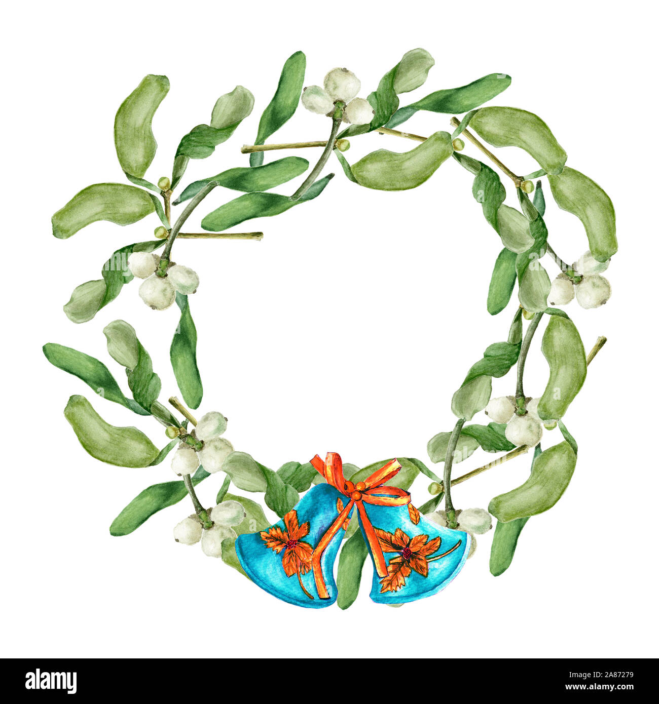 Ghirlanda di Natale con Omela, agrifoglio, vischio o Viscum e campane. Disegnate a mano ad acquerello illustrazione botanica. Realistico oggetto isolato su una bianca Foto Stock