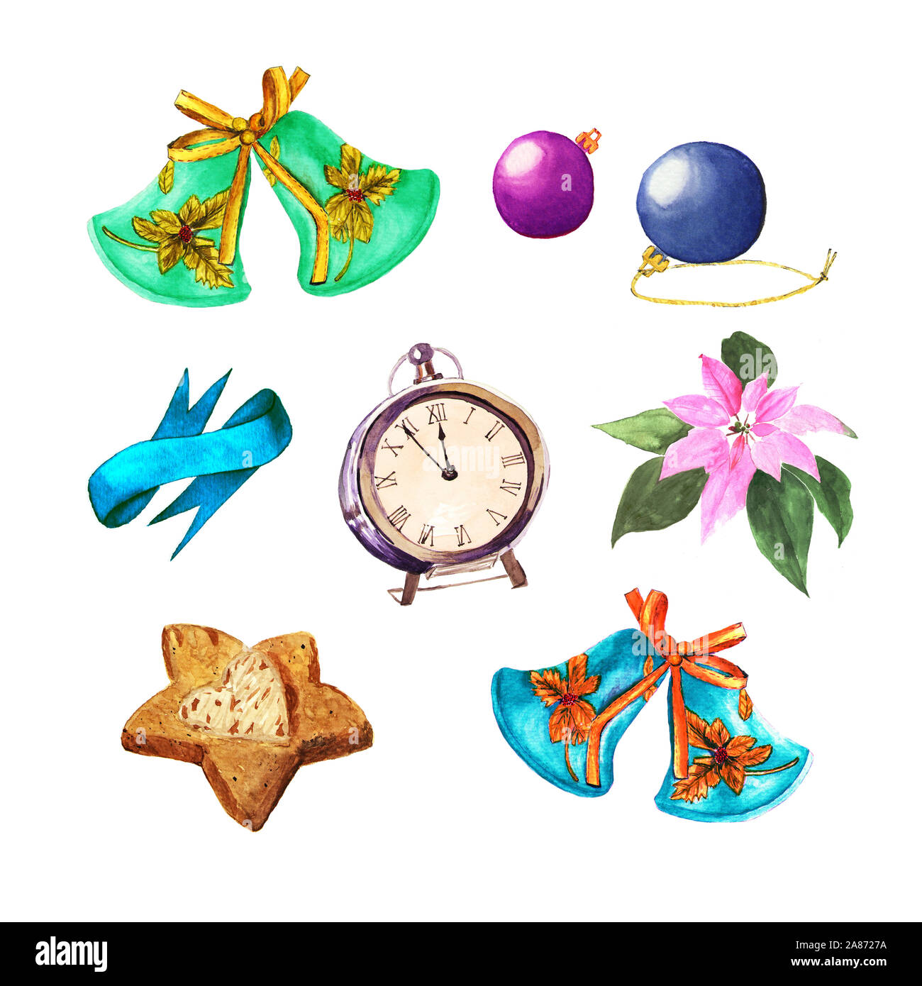 Set di Natale cose. Sfere, campane, orologio, cookie, nastro e poinsettia. Acquerello decorazione di Natale su bianco Foto Stock