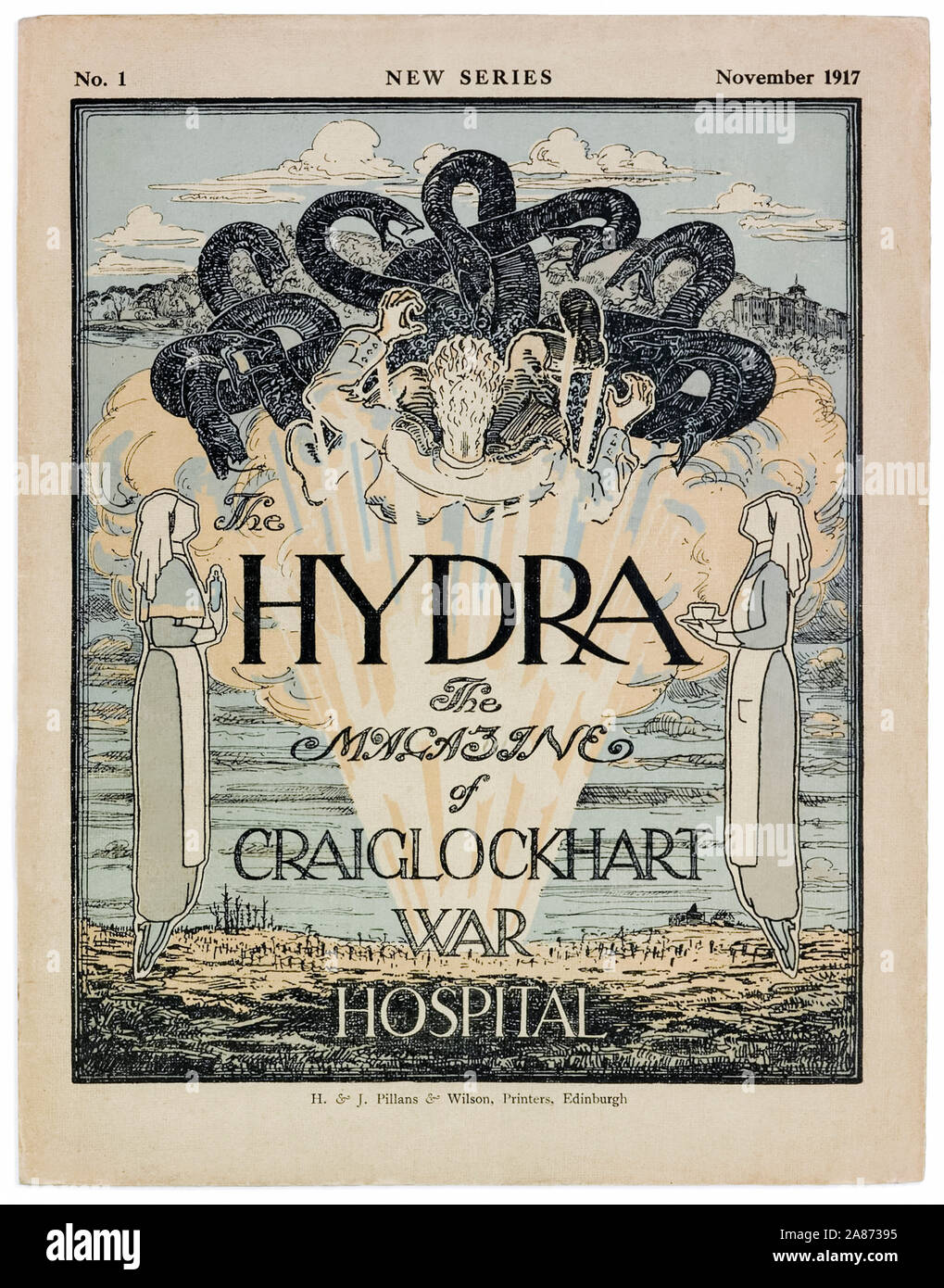 'L'Idra - La rivista della guerra Craiglockhart Hospital' coperchio anteriore del problema n. 1 serie di 2 Novembre 1917 dotate di un'illustrazione di un molti serpente con testa di attaccare un uomo affiancato da 2 infermieri su un campo di battaglia. La rivista è stata prodotta da pazienti di 'idropatico' ospedale che era un militare ospedale psichiatrico per il trattamento degli ufficiali della sofferenza da shell-shock tra 1916-1919. Famoso pazienti e collaboratori per la rivista inclusa la guerra dei poeti Sassoon Siegfried (1886-1967) e Wilfred Owen (1893-1918). Foto Stock