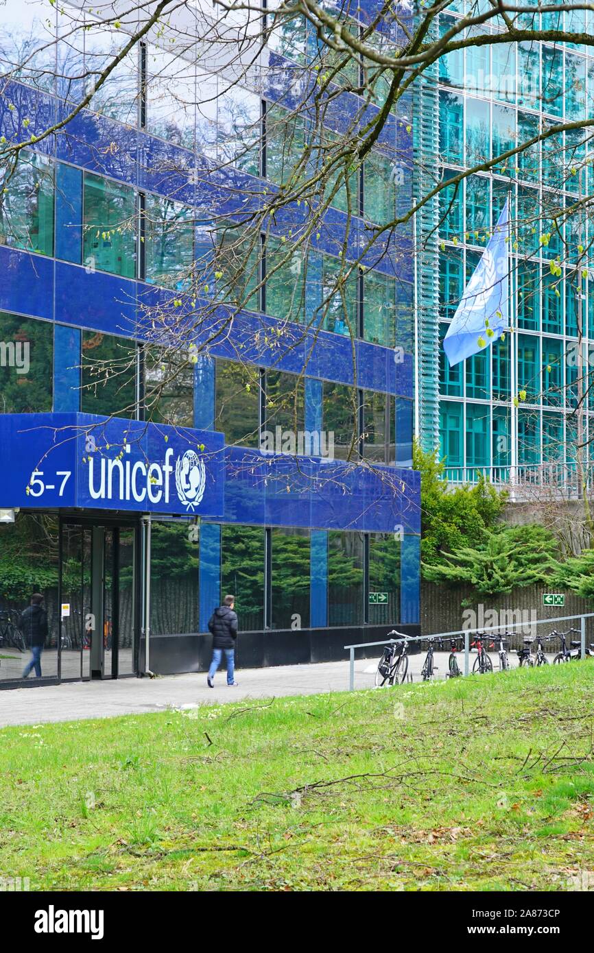 Ginevra, Svizzera - 5 APR 2019- vista esterna della sede Unicef edificio, un organizzazione internazionale con sede a Ginevra, Svizzera. Foto Stock
