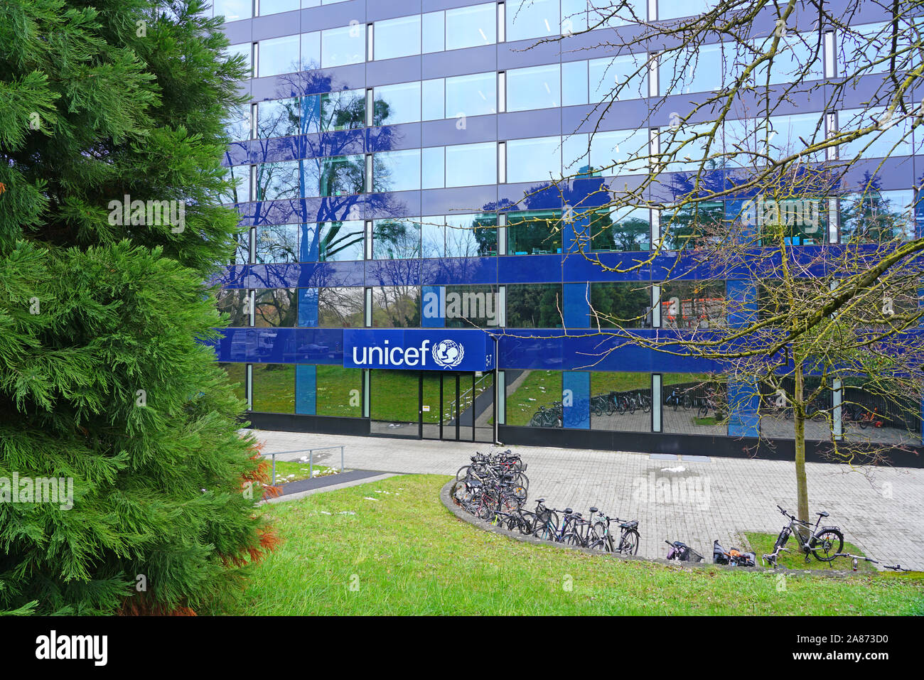 Ginevra, Svizzera - 5 APR 2019- vista esterna della sede Unicef edificio, un organizzazione internazionale con sede a Ginevra, Svizzera. Foto Stock
