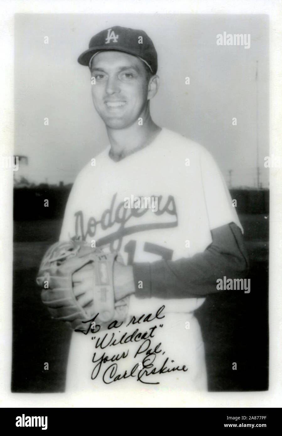 Giocatore di Baseball Carl Erskine souvenir foto in bianco e nero con i Los Angeles Dodgers dalla fine degli anni cinquanta. Foto Stock
