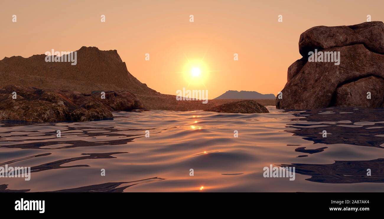 Acqua su Marte come pianeta estremamente realistiche e dettagliate ad alta risoluzione 3d immagine del paesaggio marziano Foto Stock