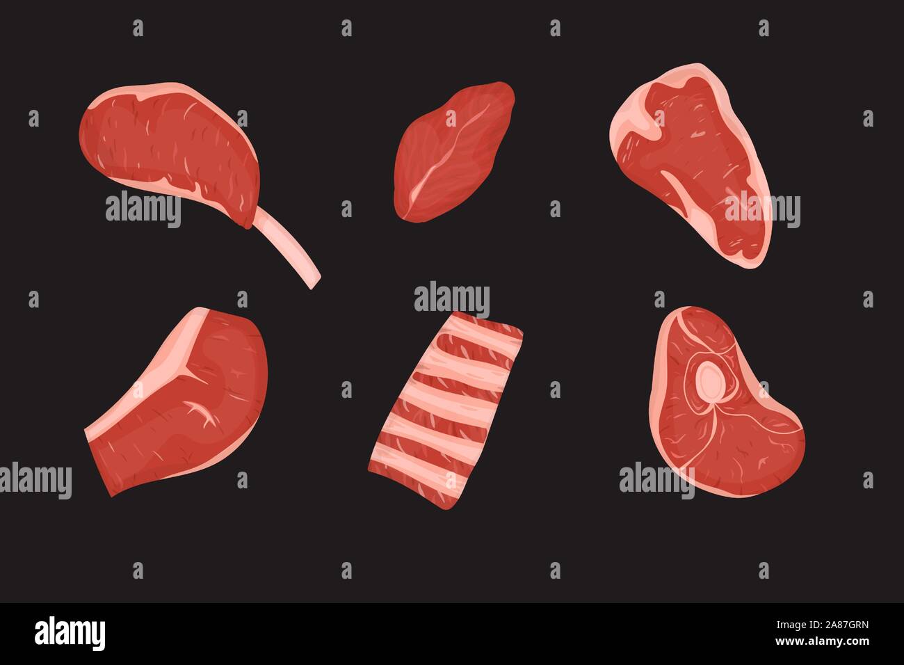 Serie di tagli di carne con grasso. Illustrazione Vettoriale. Sfondo nero. Illustrazione Vettoriale