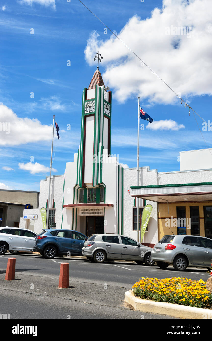 Vista dell'art deco per camere di consiglio edificio, Goondiwindi Aeroporto, Queensland, QLD, Australia Foto Stock