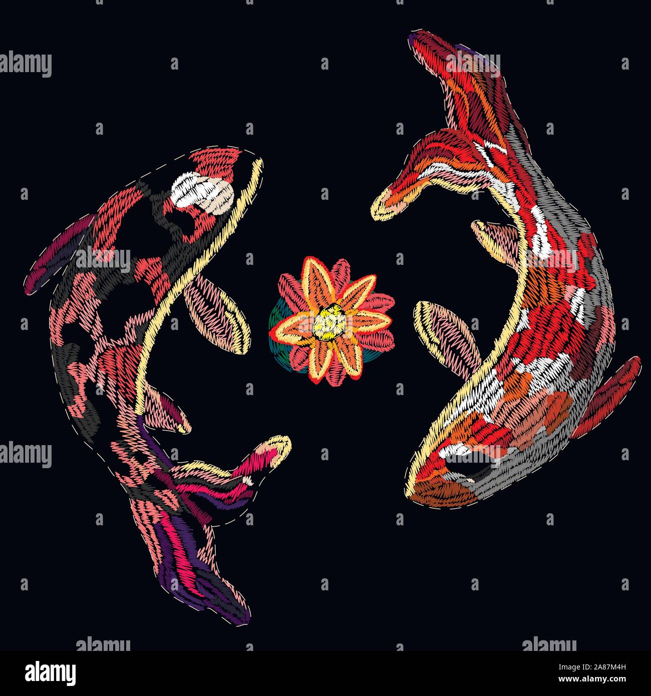 Sakura e carpe koi. Folk tradizionale elegante ricamo su uno sfondo nero. Carpa di bianco con macchie di colore arancione e il fronte di carpe nero con rosso spo Illustrazione Vettoriale