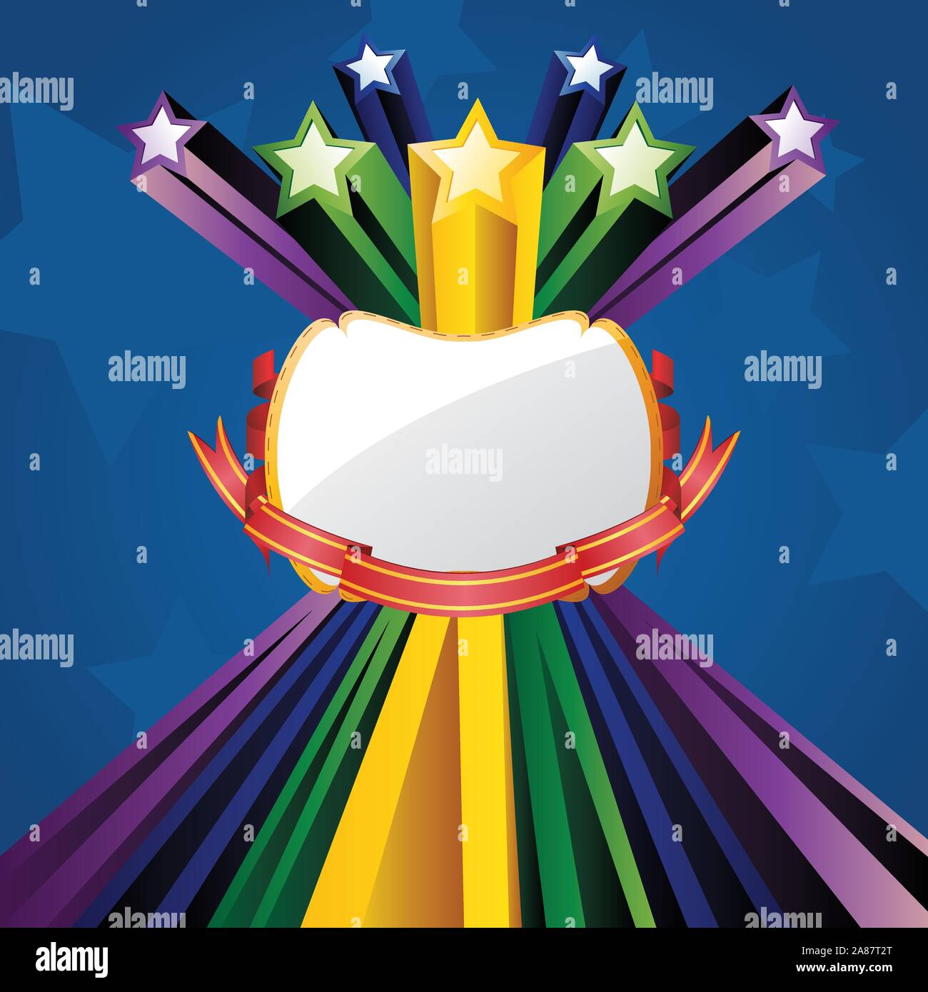 Sfondo colorato con stelle di esplosione e banner. Illustrazione Vettoriale