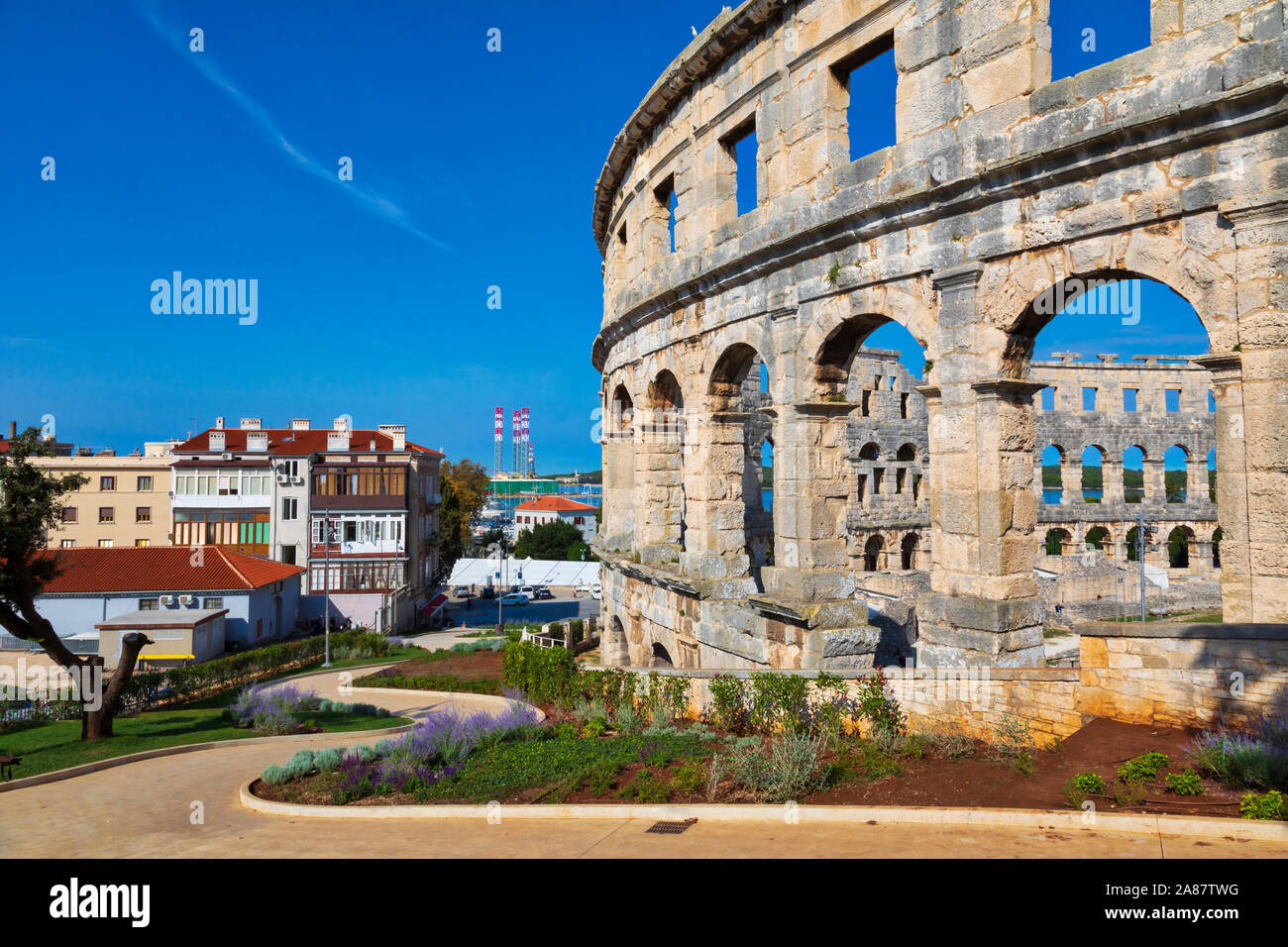 Arena di Pola, in Croazia. Rovine del meglio conservato anfiteatro romano. UNESCO - Sito Patrimonio dell'umanità. Immagine Foto Stock