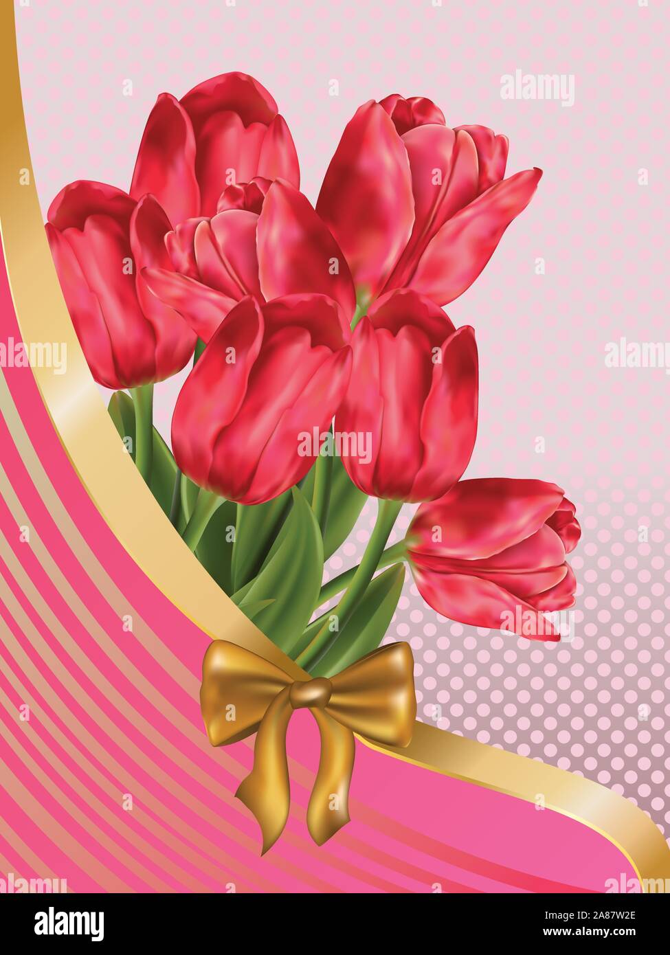 Scheda con tulipani rosa e nastro dorato, prua. Illustrazione Vettoriale