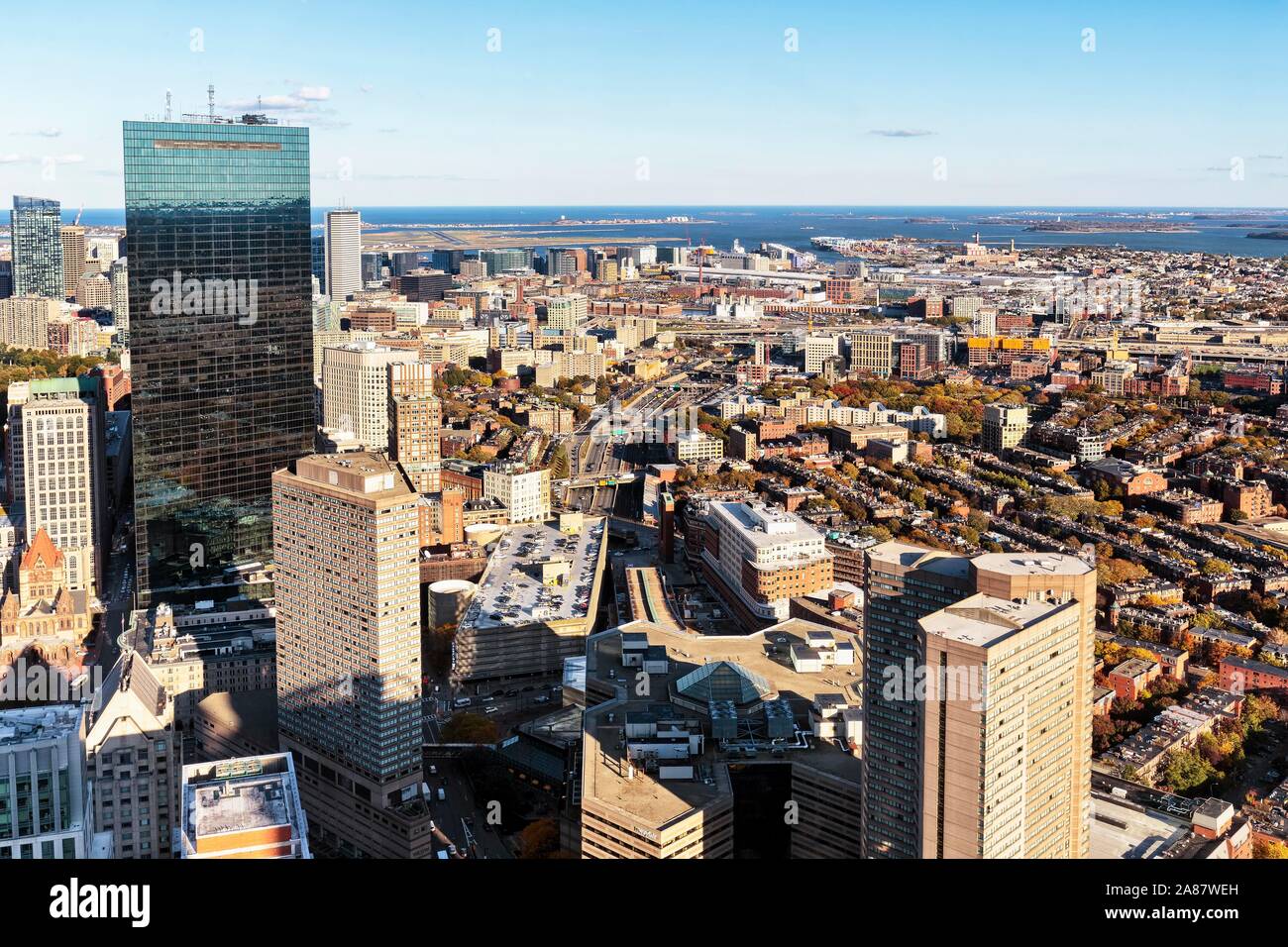 Vista dal Prudential Tower Torre di John Hancock Tower, 200 Clarendon e South Boston, Boston, Massachusetts, New England, STATI UNITI D'AMERICA Foto Stock
