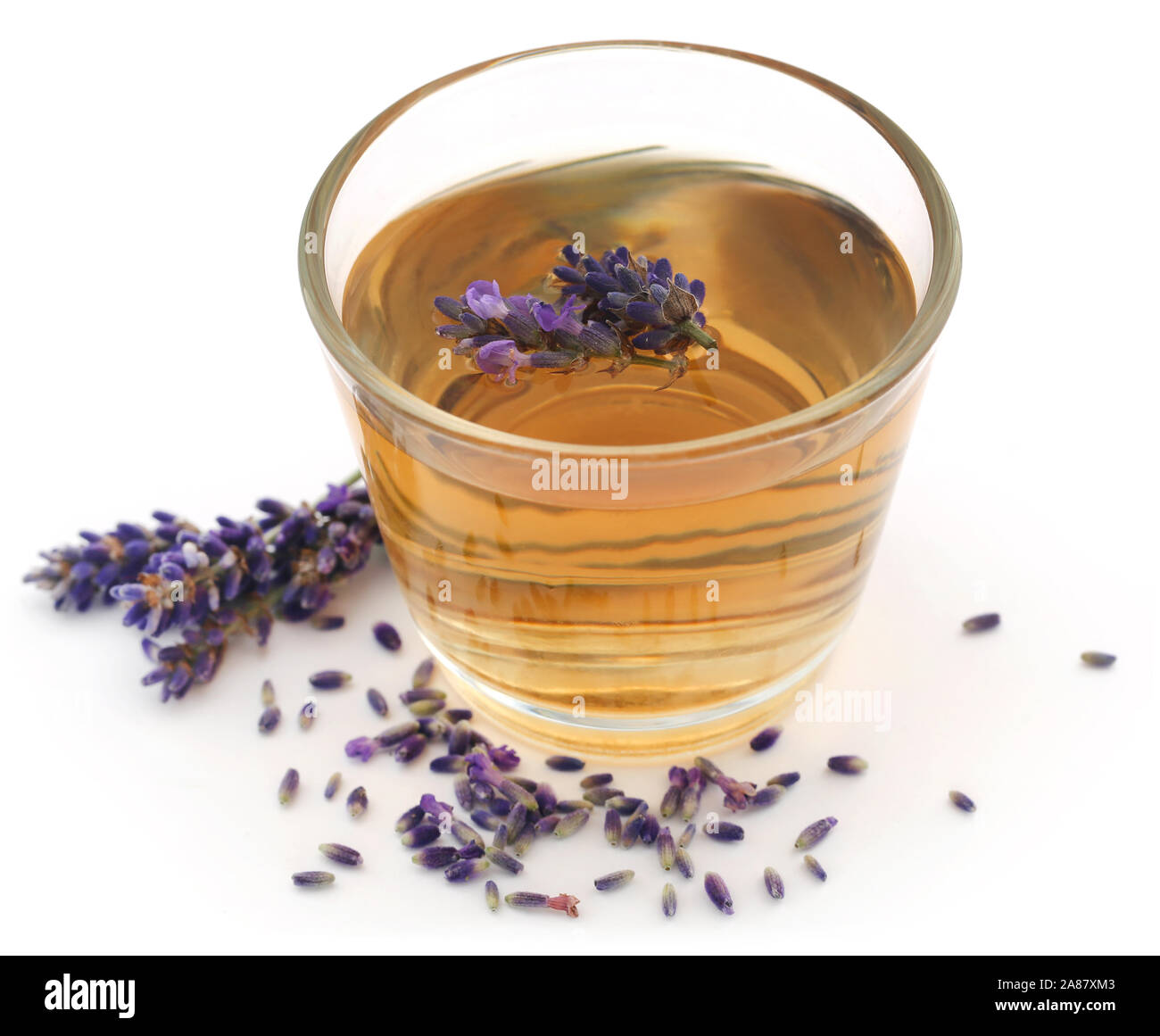 Il tè di lavanda con fiore su sfondo bianco Foto Stock