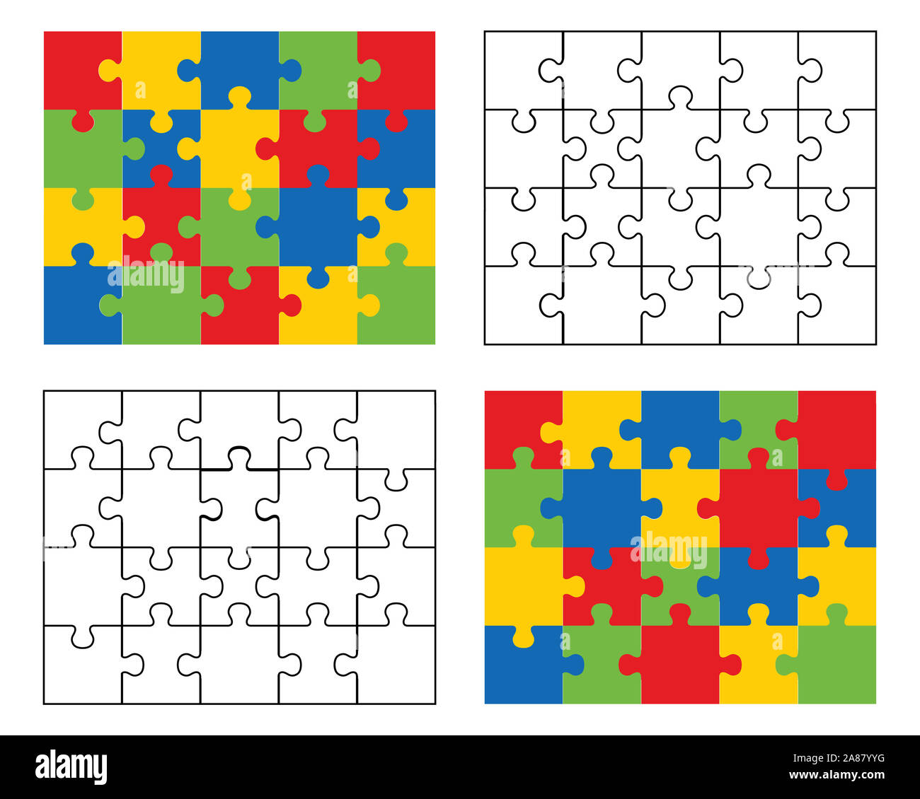 Illustrazione di puzzle bianchi, neri e colorati, pezzi separati Illustrazione di puzzle bianchi, neri e colorati, pezzi separati Foto Stock