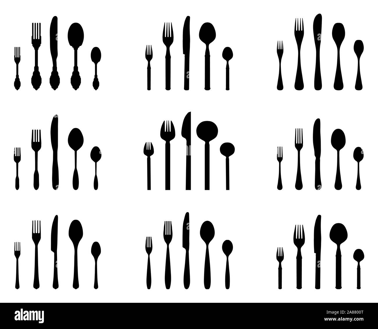 Silhouette nere di tre posate, vecto Foto Stock