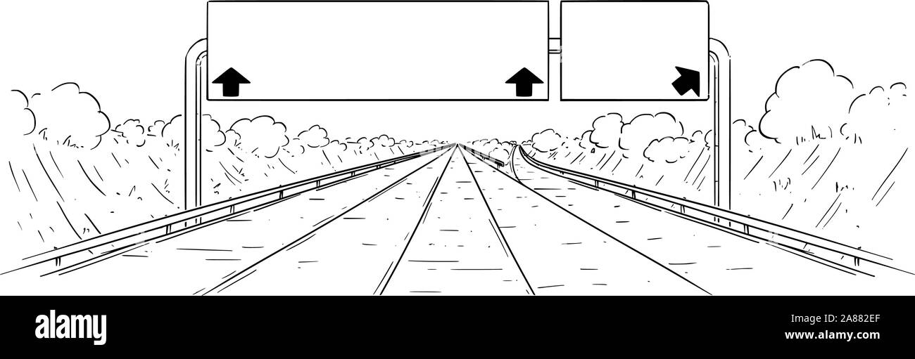 Vector cartoon in bianco e nero il disegno illustrativo di andare avanti autostrada con diramazione, frecce e grande vuoto segno. Illustrazione Vettoriale