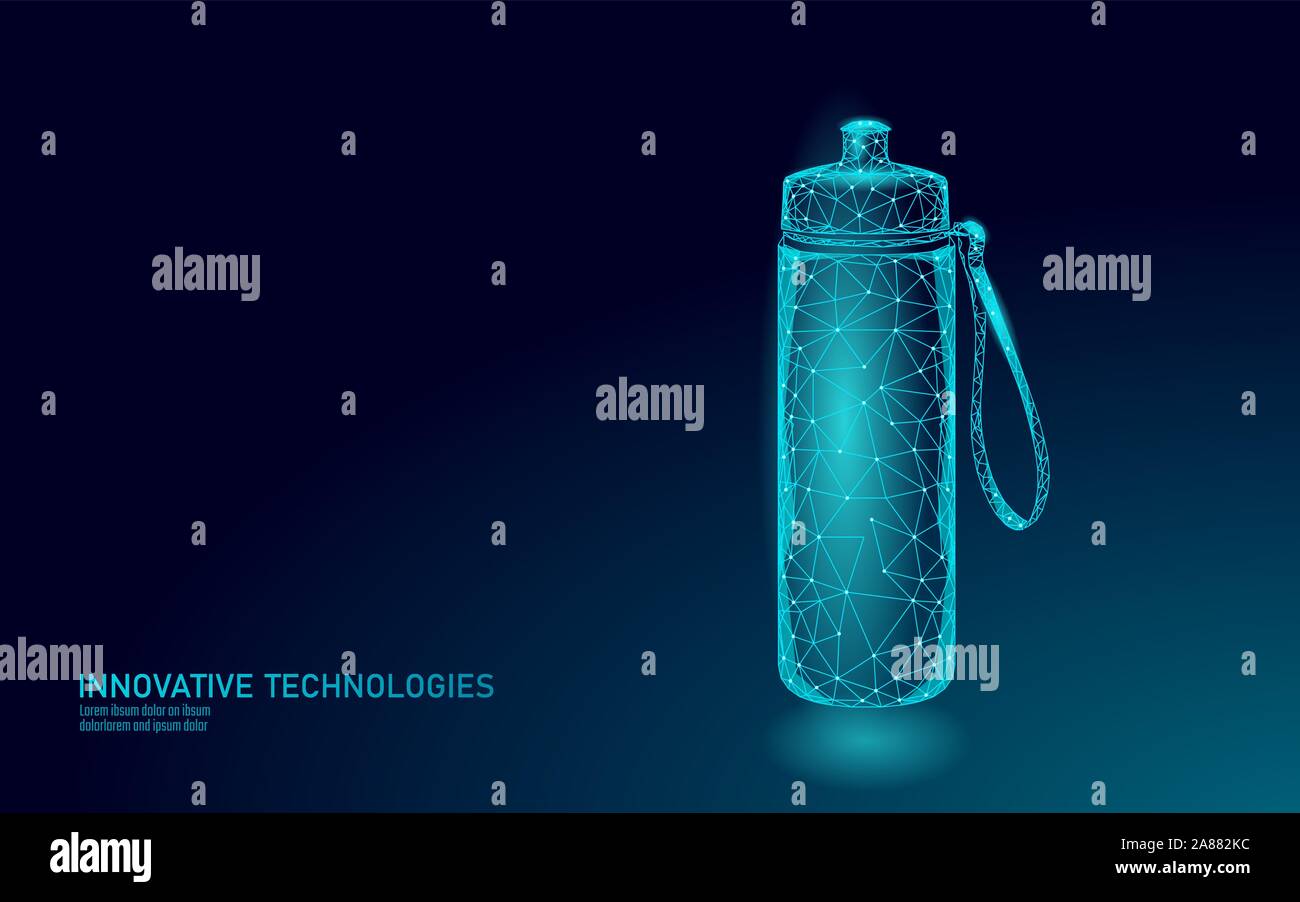 3D acqua fitness bottiglia banner poligonale. Pacchetto liquido Aqua. Elettroliti isotonici di plastica bevono acqua potabile artesiana. Basso Poly scuro moderno Illustrazione Vettoriale