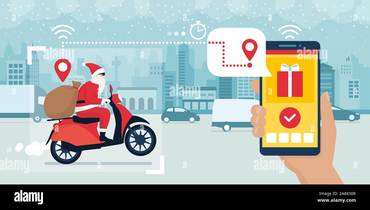 Contemporary Babbo Natale a cavallo di un ciclomotore e consegnare i regali di Natale, consegna tracking app in primo piano Illustrazione Vettoriale