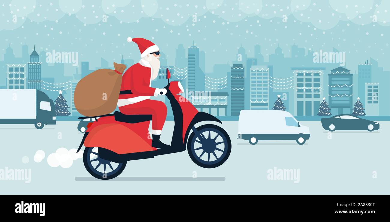 Contemporary Babbo Natale consegna dei regali alla vigilia di Natale, egli è a cavallo di un ciclomotore di colore rosso e la guida in città il traffico della strada Illustrazione Vettoriale