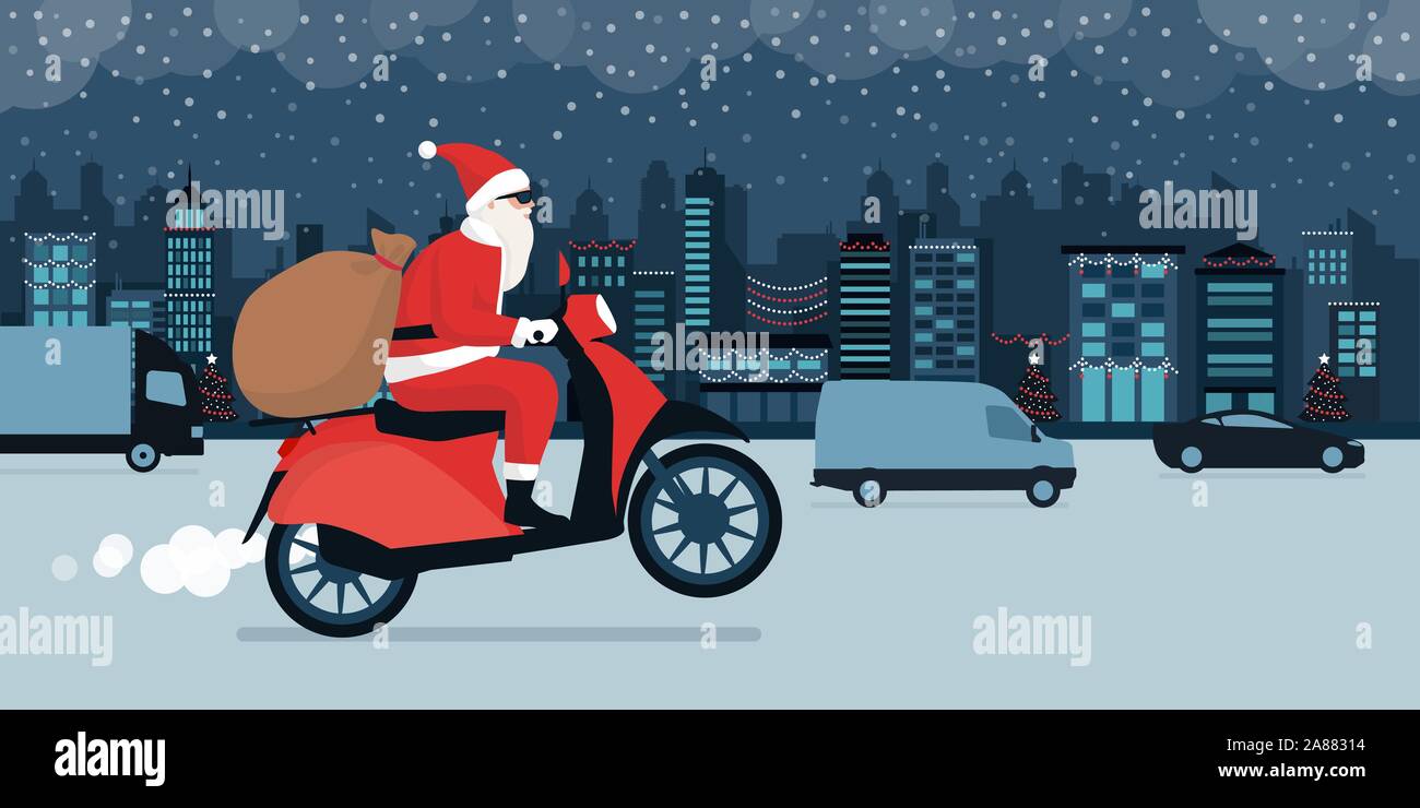 Contemporary Babbo Natale consegna dei regali alla vigilia di Natale, egli è a cavallo di un ciclomotore di colore rosso e la guida in città il traffico della strada Illustrazione Vettoriale