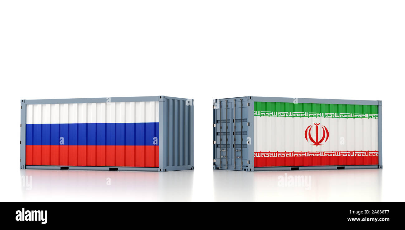 Due container con Russia e Iran bandiera. Il rendering 3D Foto Stock