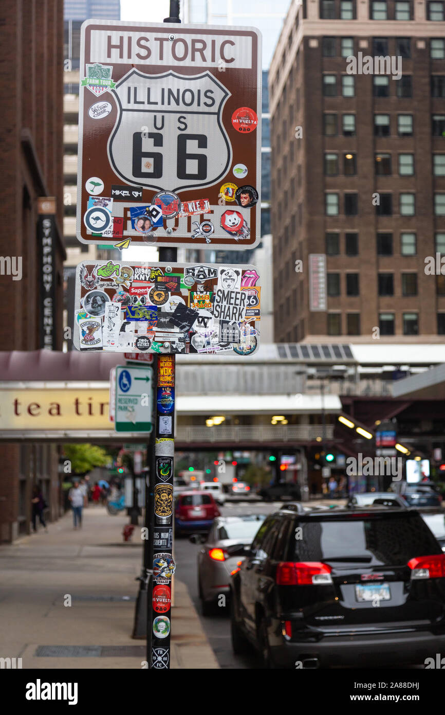 Inizio del percorso 66, Est Adams Street, Chicago, Illinois Foto Stock
