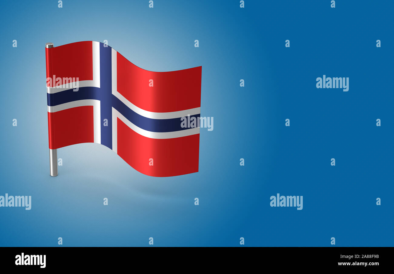 Piccola bandiera norvegese su un corto palo metallico. La bandiera è ben dettagliate texture plastica su uno sfondo blu. Il rendering 3D. Foto Stock