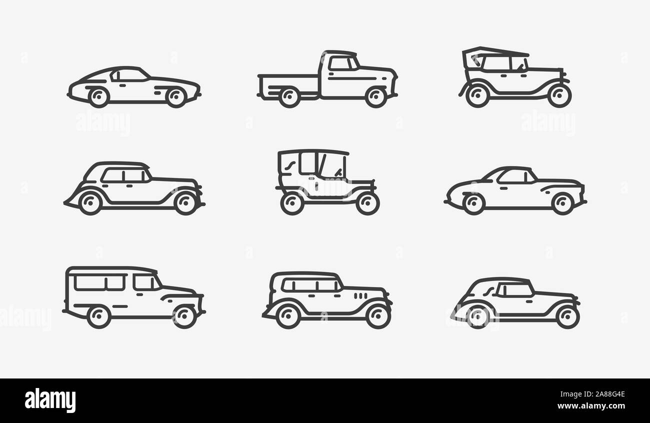 Set di icone per auto retrò. Simbolo di trasporto in stile lineare. Vettore vintage Illustrazione Vettoriale