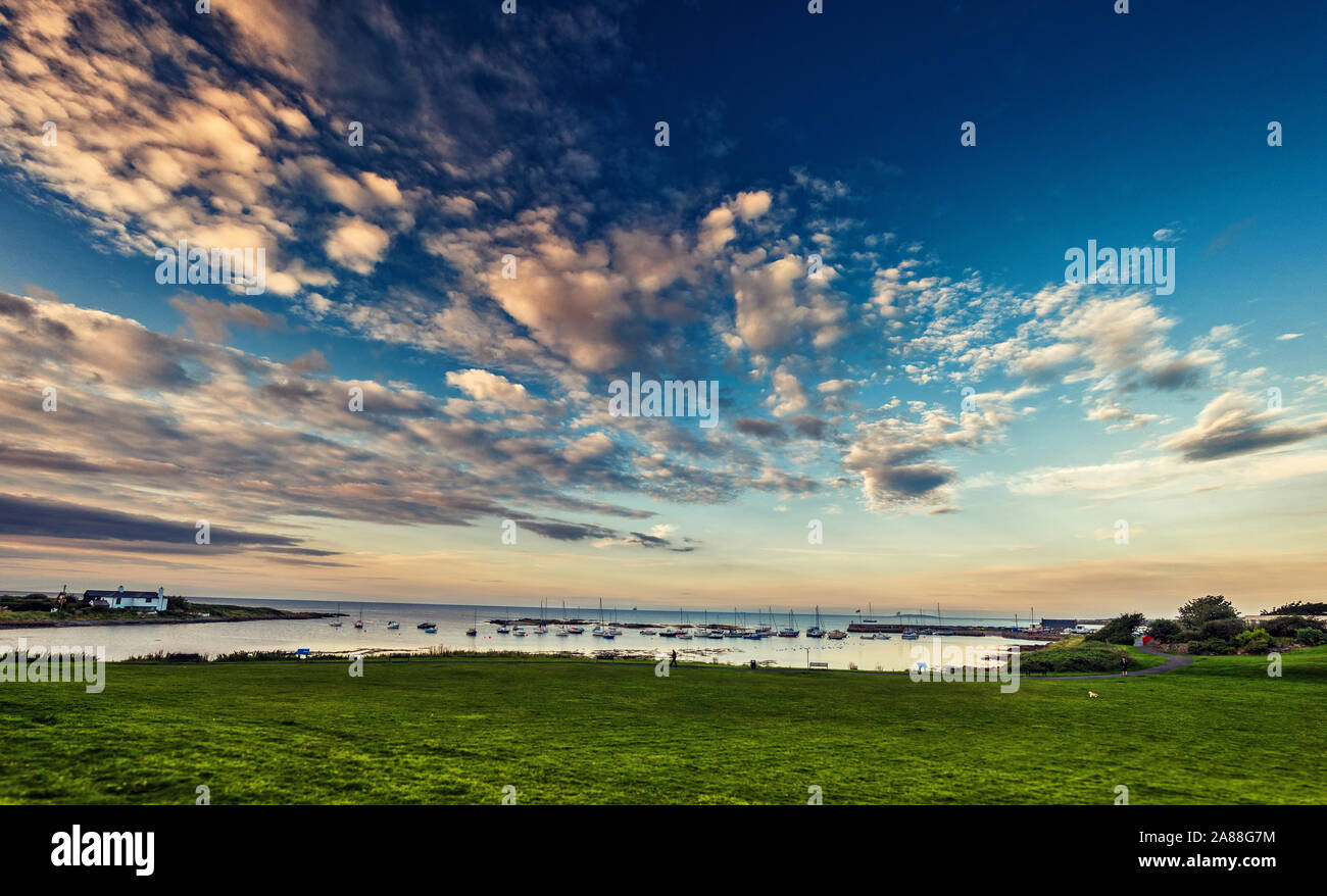 Tarda serata estiva a Groomsport Harbour, County Down, Irlanda del Nord. Un tranquillo piccolo villaggio sul mare d'Irlanda costa. Foto Stock