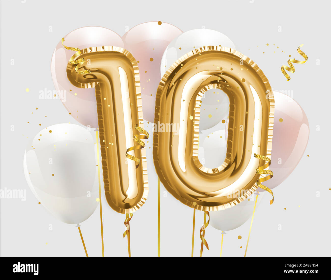 Felice decimo compleanno di lamina di oro saluto a palloncino dello sfondo. 10  anni di anniversario modello logo- decimo celebrando con coriandoli. Foto  stock Foto stock - Alamy