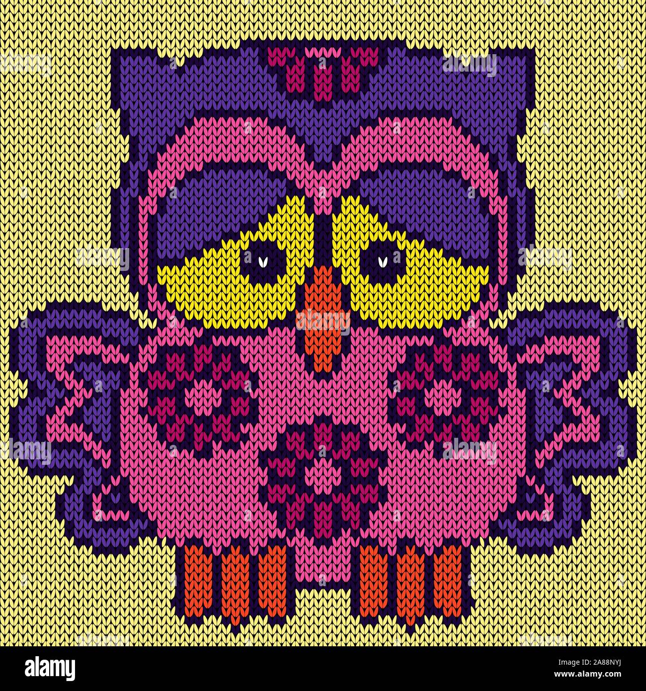 Maglia del cartoon funny owl con ali sollevate e grandi occhi tristi in viola e sfumature di rosa sul giallo pallido sfondo, illustrazione per la produ tessili Illustrazione Vettoriale