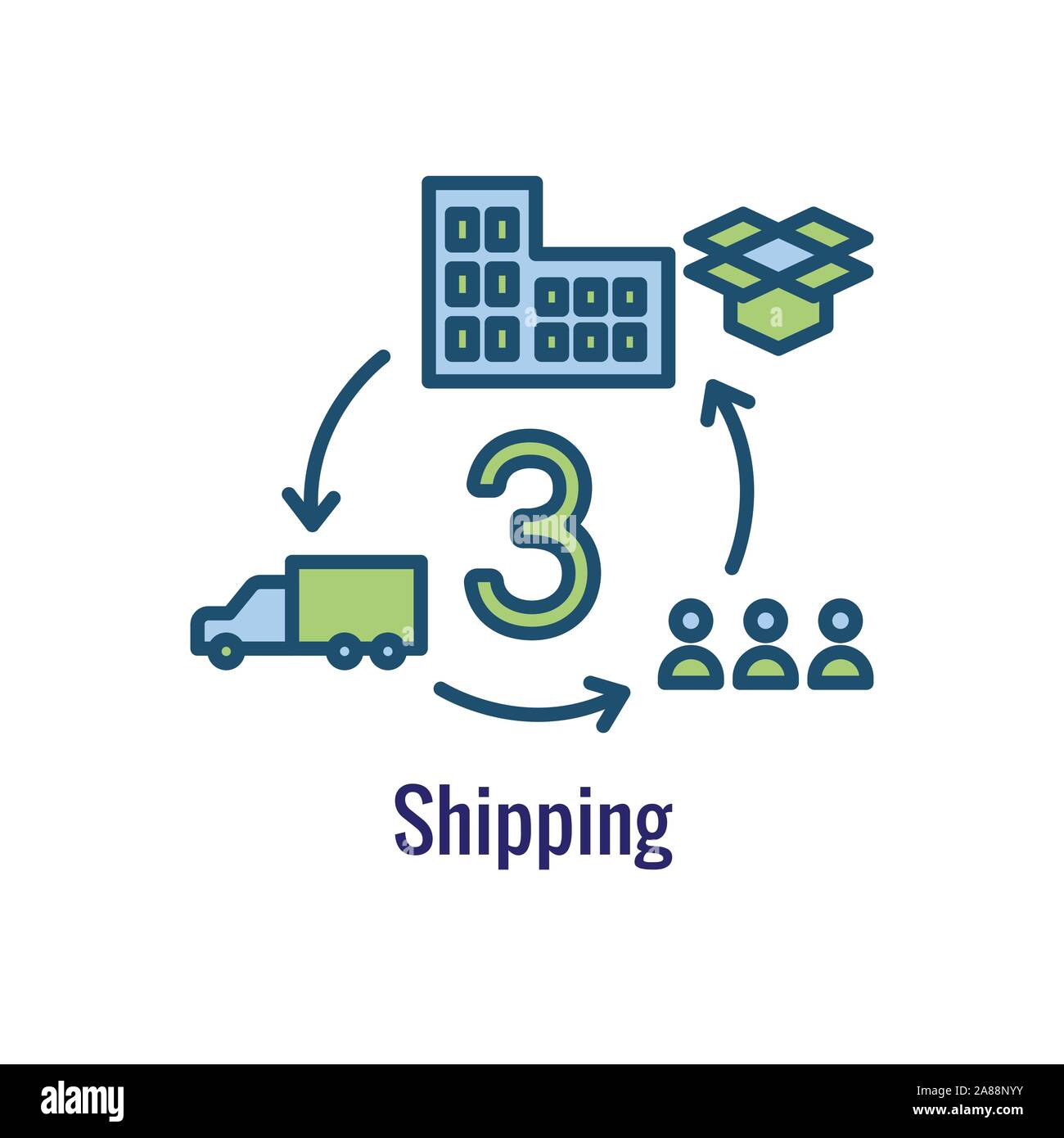 Icona di logistica che mostra il movimento da 1 posto alla successiva Illustrazione Vettoriale