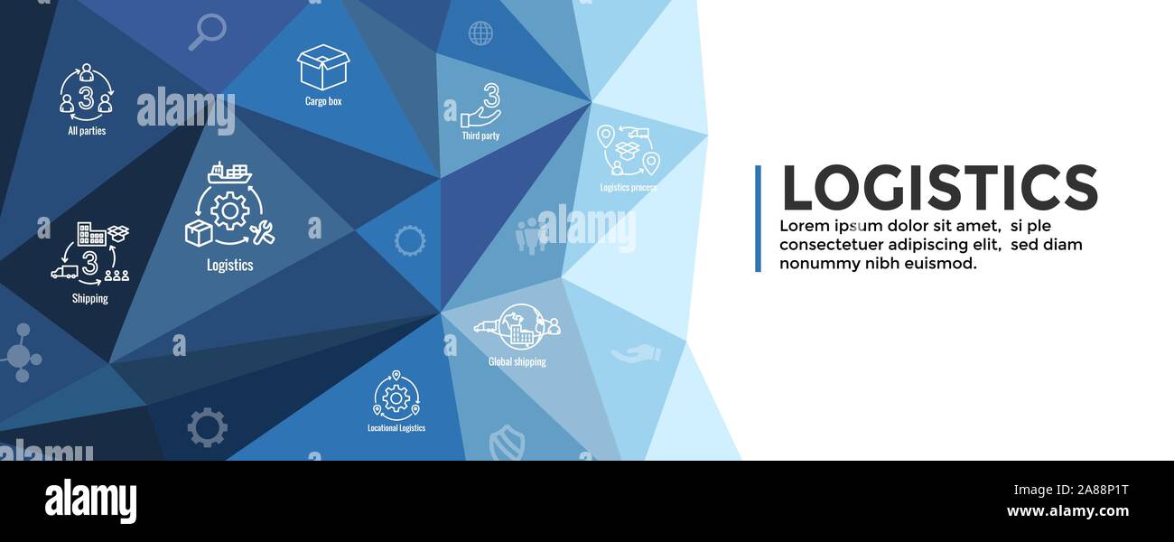 La logistica di set di icone e web banner di intestazione w edifici, autotrasporti, persone e nella confezione per la spedizione Illustrazione Vettoriale