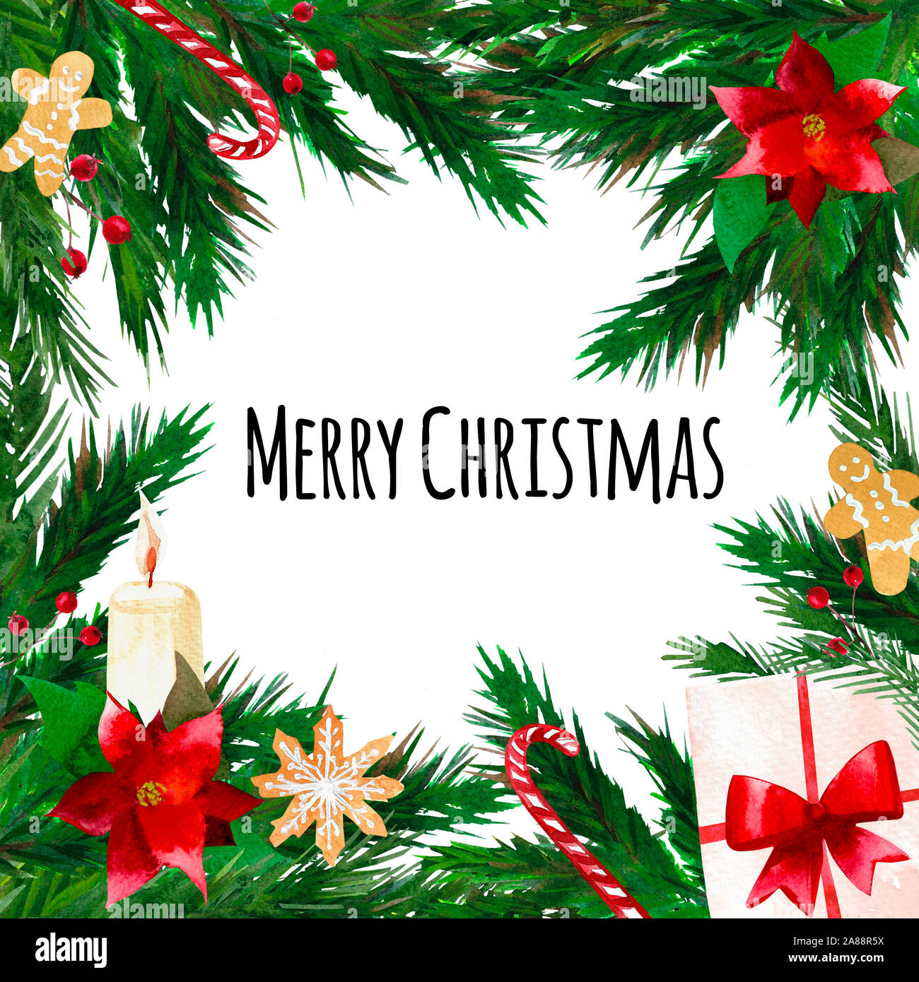 Abete rami confine con simboli di natale Foto Stock