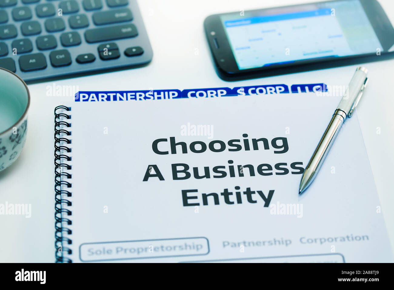 Azienda Startup desk rivedendo i diversi tipi di entità aziendali. Foto Stock