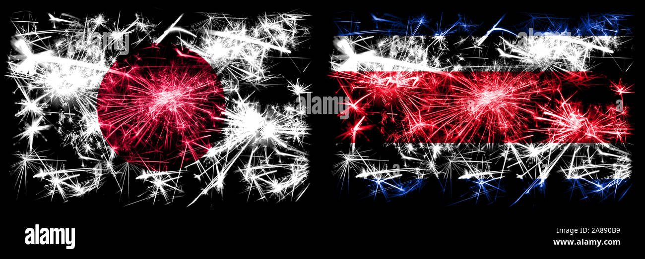 Giappone, giapponese vs Costa Rica Anno Nuovo celebration Sparkling fuochi d'artificio concetto flag di sfondo. Combinazione di due stati astratta bandiere. Foto Stock