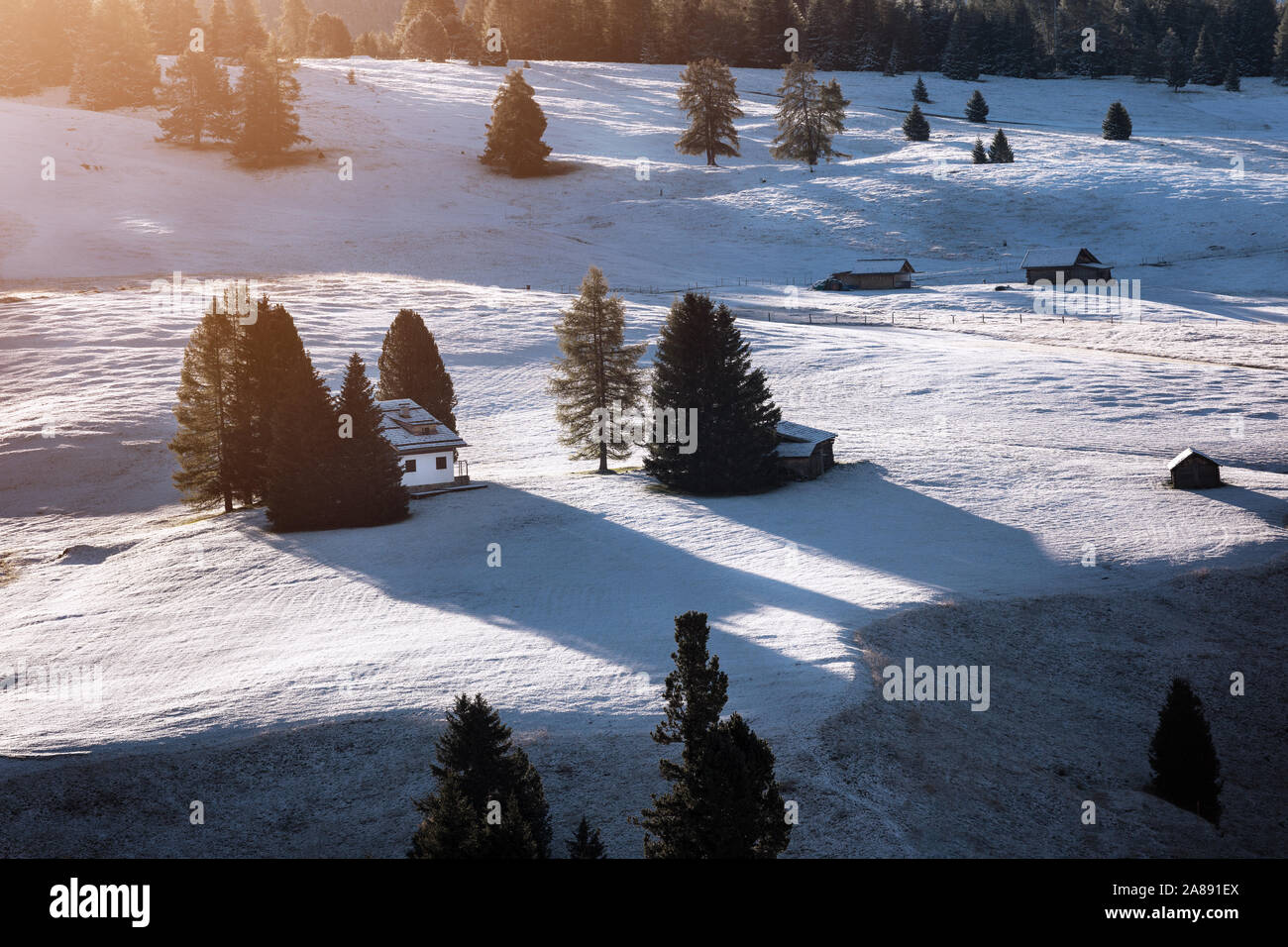 Bellissima vista del legno tradizionale chalet di montagna su SCENIC Alpe di Siusi con il famoso Sassolungo picchi di montagna in background in golden mattina Foto Stock