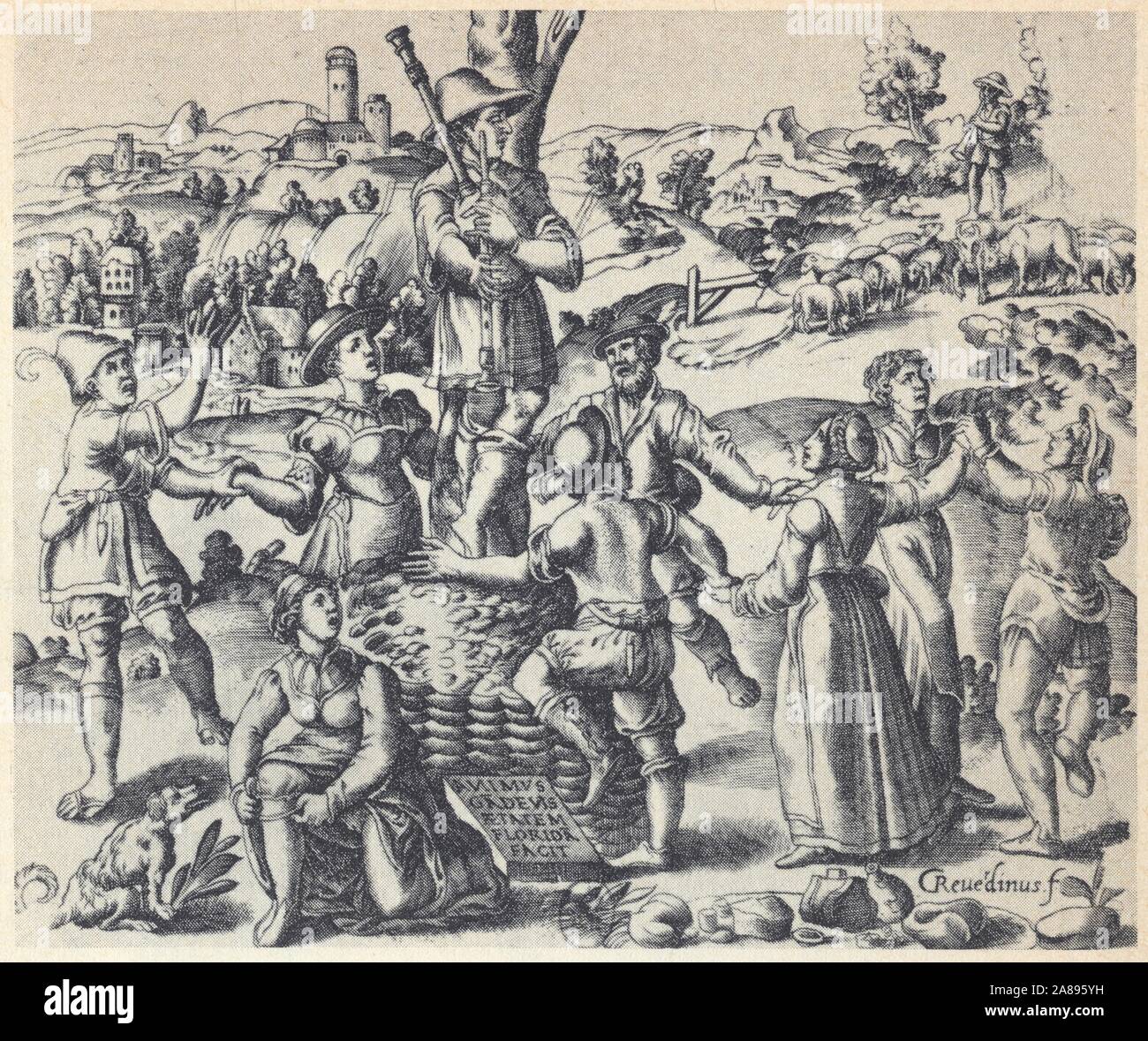 Paysans dansant le Bralle. Gravure de Reverdy. XVI ème siècle. Foto Stock