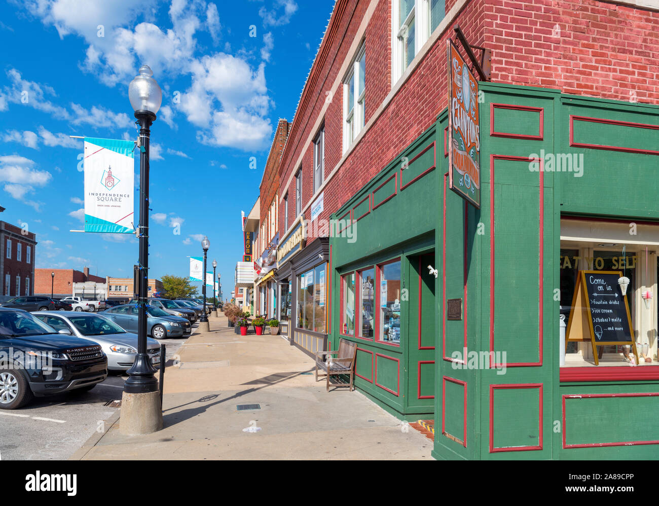 Il Clinton Soda Fontana sulla Piazza Indipendenza nel centro cittadino di indipendenza, Missouri, Stati Uniti d'America Foto Stock