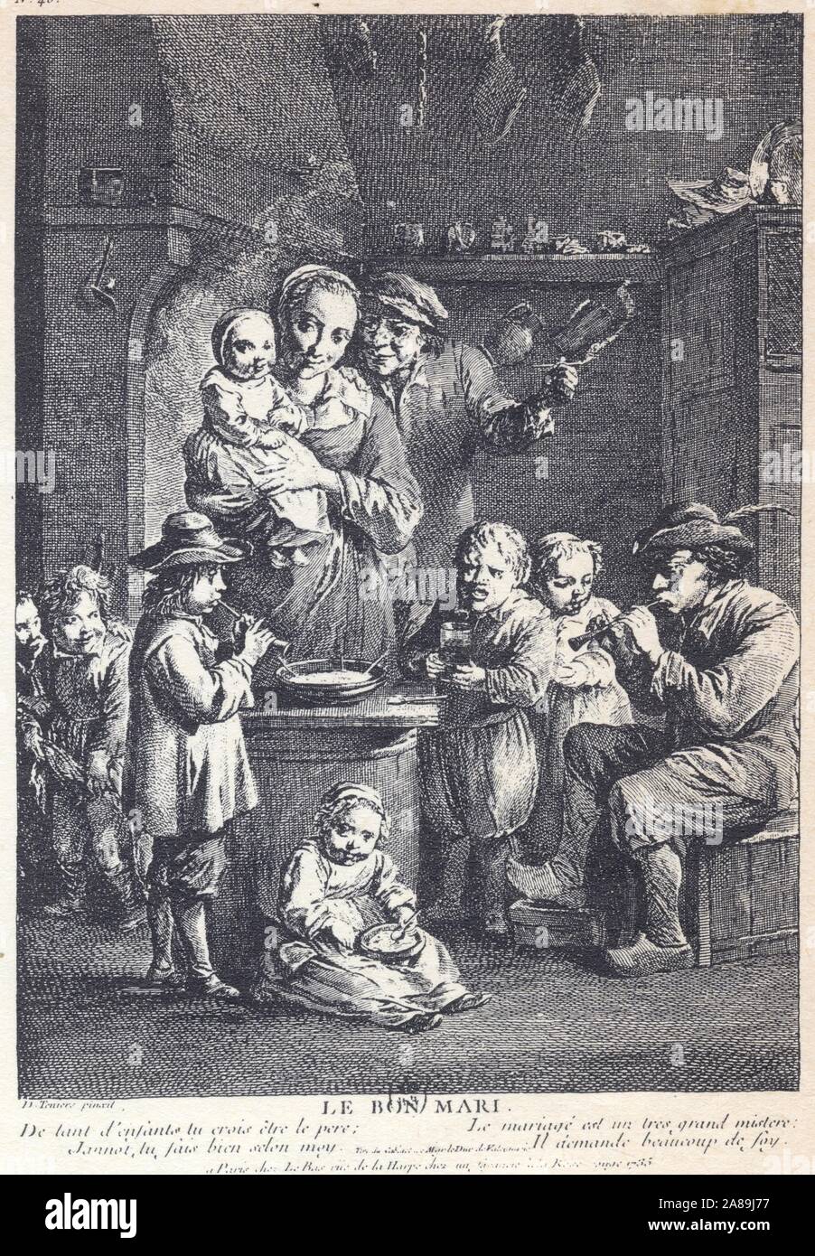 Le bon Mari. Gravure d'après D.Téniers.1735. Foto Stock