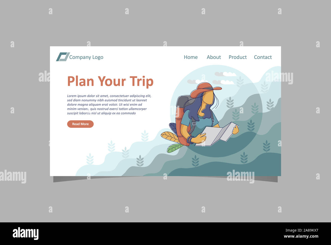Illustrazione Vettoriale di Pianificazione Viaggio landing page con ragazza con mappa in viaggio Foto Stock