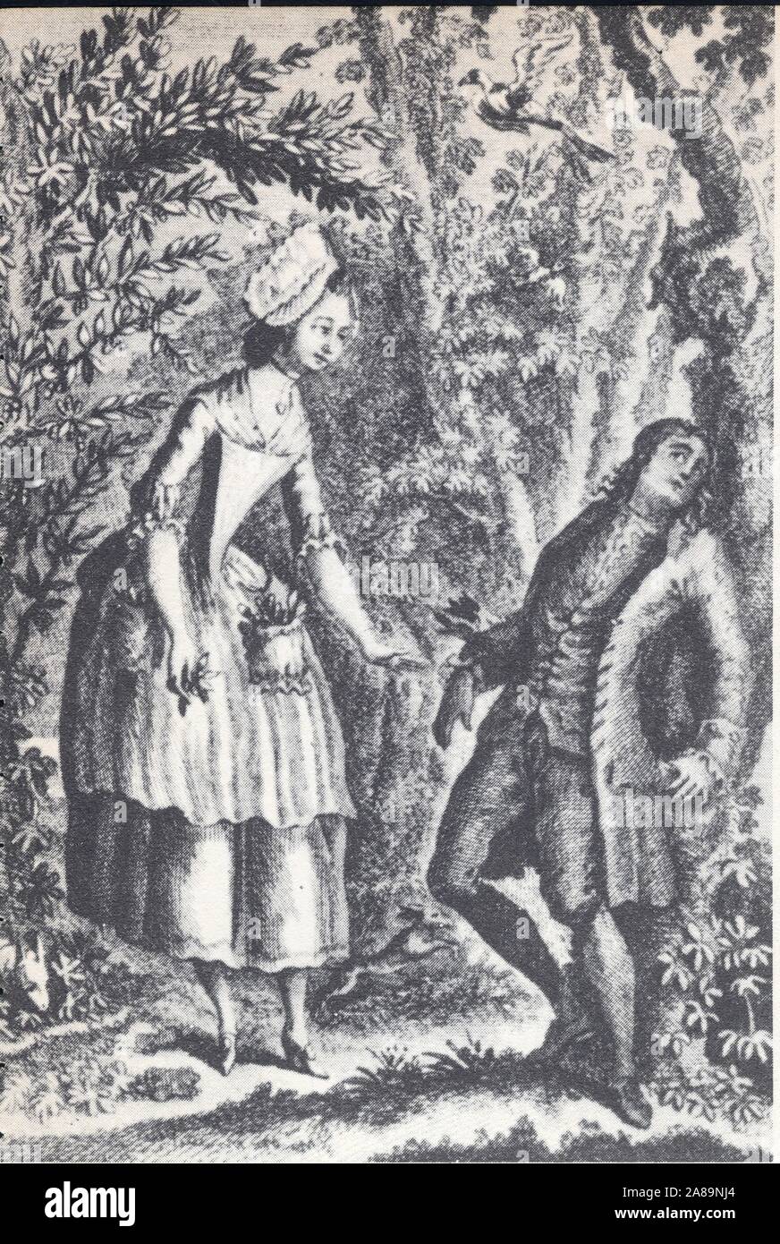 L'amoureux timide, Nicolas Rétif et Jeannette Rousseau. Gravure de Binet pour Les Contemporaines. Foto Stock