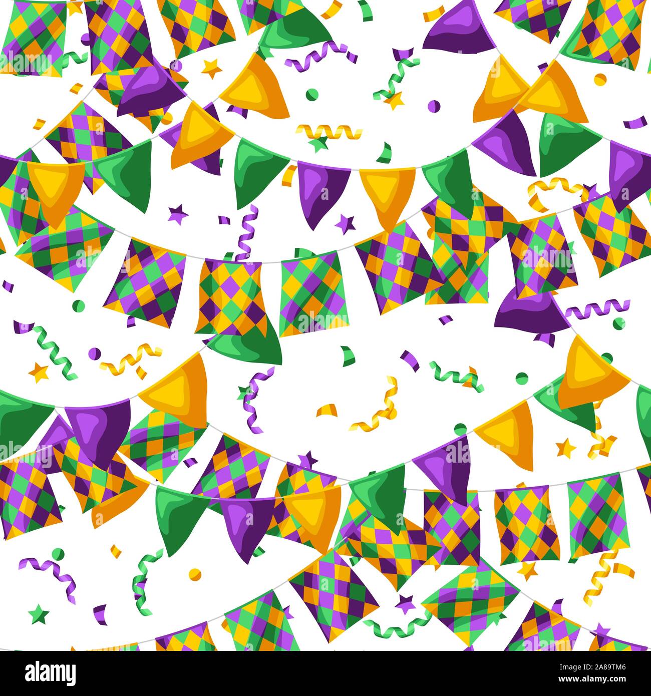 Modello senza soluzione di continuità con le bandiere in Mardi Gras colori. Illustrazione Vettoriale