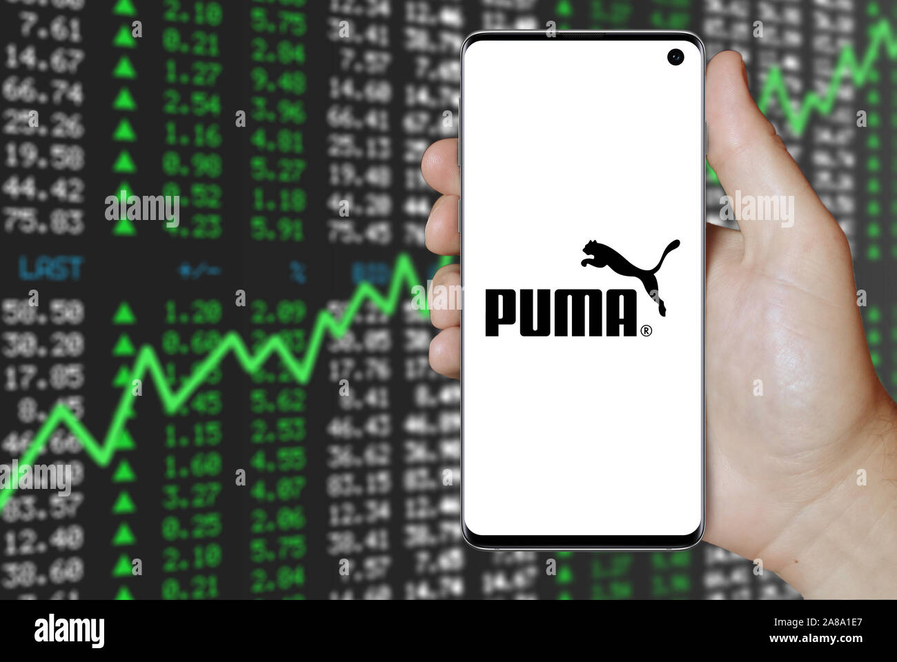 Il logo della società pubblica Puma se visualizzato su uno smartphone.  Positivo del mercato azionario sfondo. Credito: PIXDUCE Foto stock - Alamy