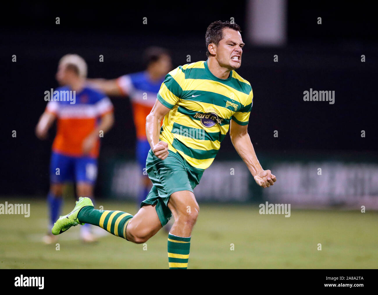 Marcel Schafer celebra dopo un goal durante il Tampa Bay Rowdies USL partita contro FC Cincinnati a Novembre 21, 2017 at al campo Lang a San Pietroburgo, in Florida. Foto Stock