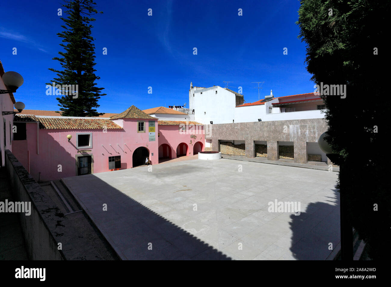 Vista estiva del Convento do Espirito Santo e del torreggiante Norfolk Pino, Loule town, Algarve, Portogallo, Europa Foto Stock
