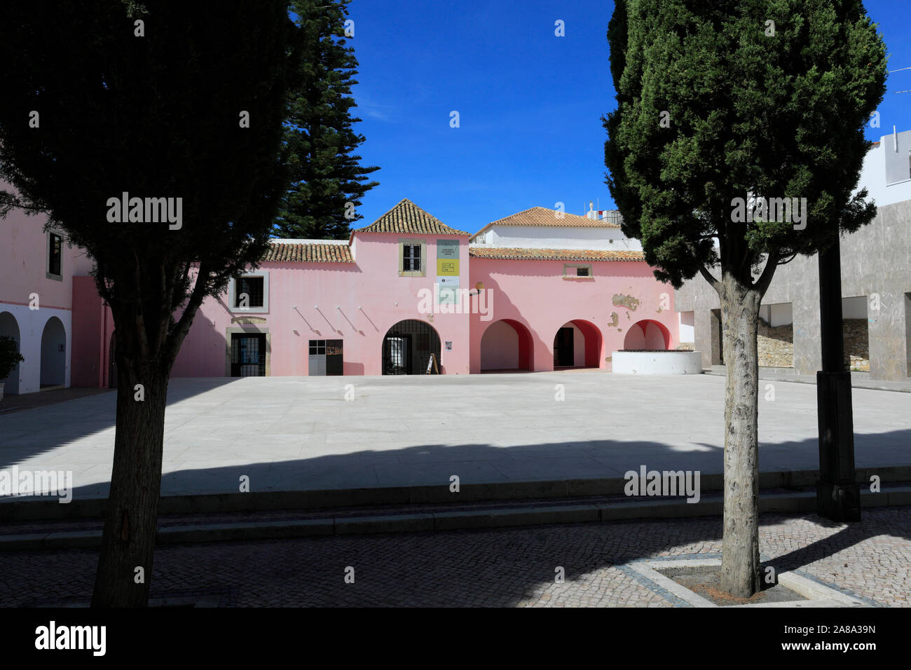 Vista estiva del Convento do Espirito Santo e del torreggiante Norfolk Pino, Loule town, Algarve, Portogallo, Europa Foto Stock